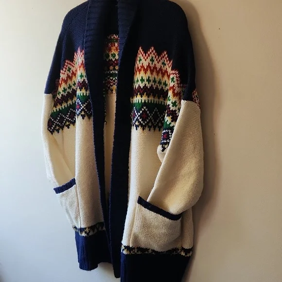 American Eagle Fair Isle Cardigan Chunky Knit Cream Navy Pockets, Size Xxl - Picture 5 of 12